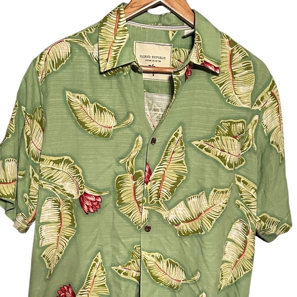 Island Republic Mens M Hawaiian 100% Silk Shirt Orange Green Leaf Aloha